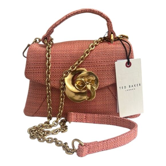 Ted Baker Pink Poppy Golden Rose Flower Woven Evening Bag Top Handle Crossbody - Picture 2 of 10